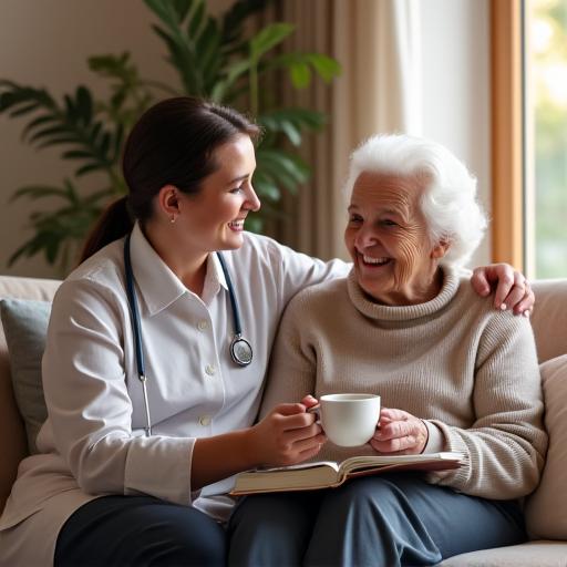 A caring staff member sharing a cup of tea and a smile with an elderly client.