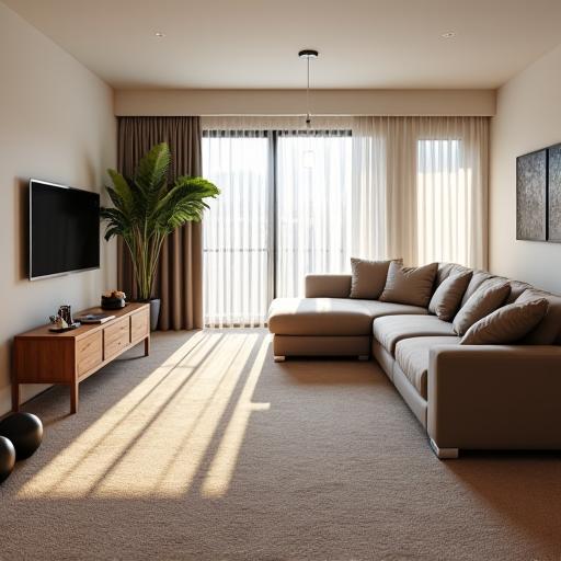 A tidy living room after a party, with balloons in the corner.