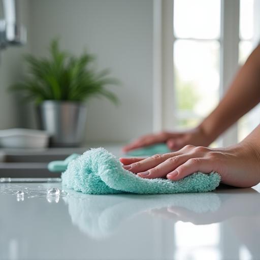 A person professionally cleaning a modern kitchen countertop.
