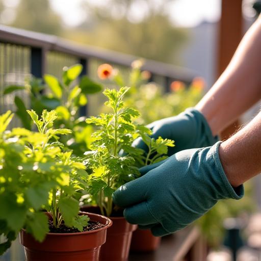 Hands in gardening gloves tending to potted plants on a sunny balcony.