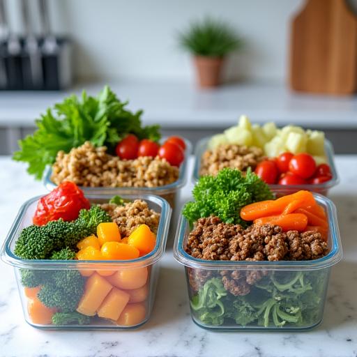 Colorful containers of freshly prepared healthy meals lined up on a kitchen counter.